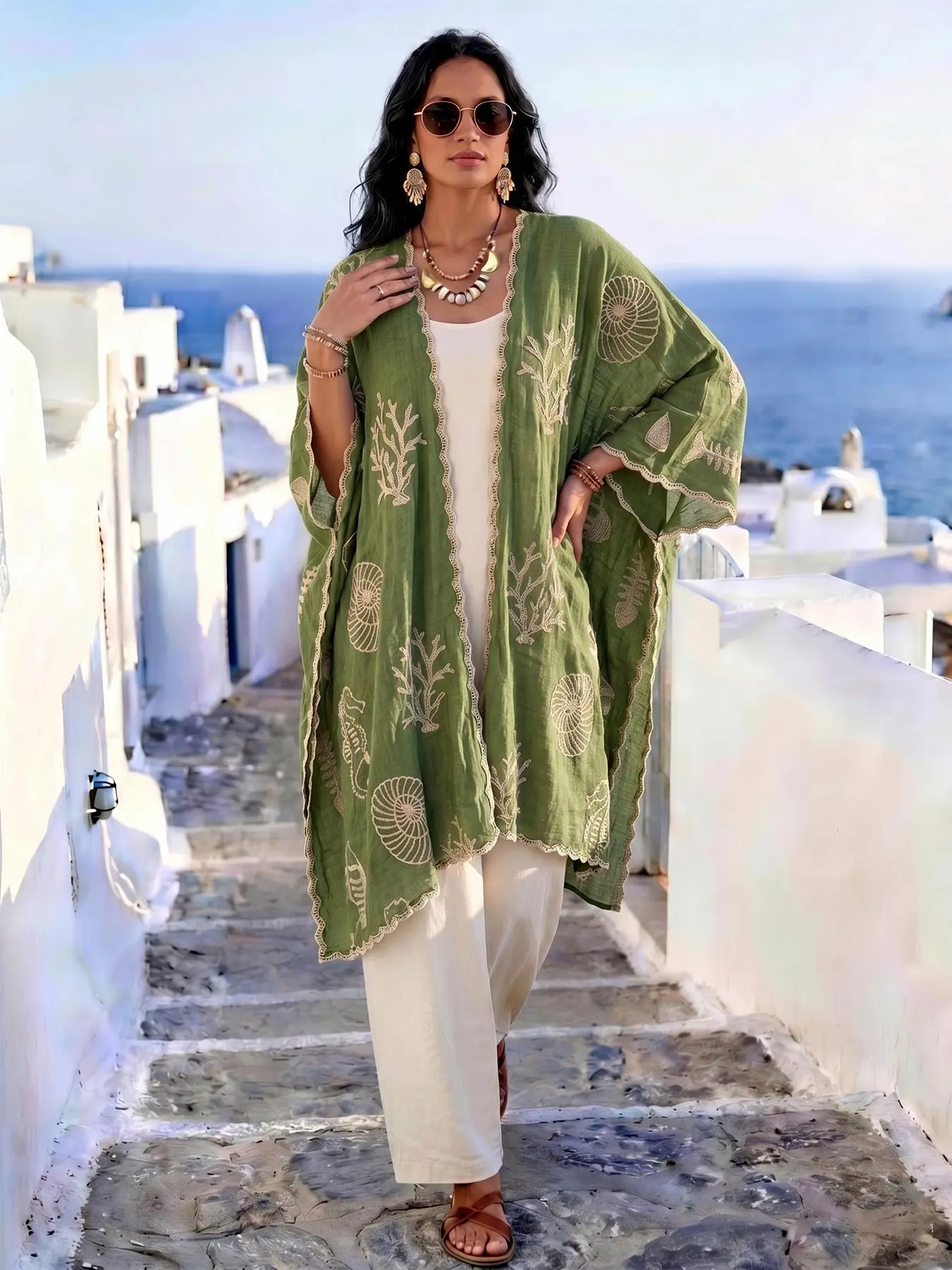 Boho Ocean Embroidered Split Shawl, Loose Fit Conceals Belly, Versatile Style for Beach Vacations, Commutes, Dates, Perfect Embroidery Shawl, Boho Shawl Wrap