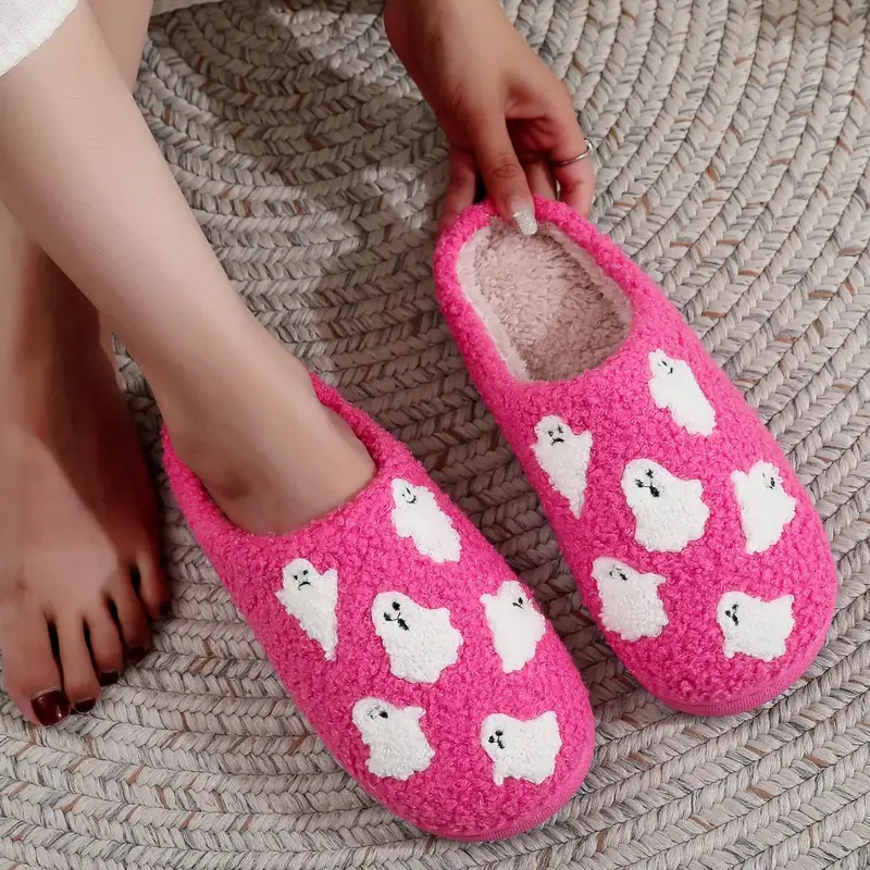 Cute Ghost Embroidery Plush House Slippers, Halloween Print Indoor Shoes, Soft Comfortable Unisex Bedroom Slippers, Home Indoor Slippers, Perfect Gift Idea