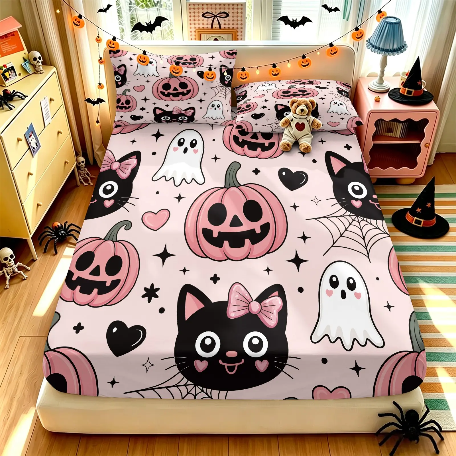 3-Piece Pink Tone Black Cat Jack-o'-Lantern Ghost Child-Like Halloween Fitted Sheet Set, Black Heart Starlight Spiderweb Prints, Soft Breathable Absorbent, Holiday or Daily Girls' Bedroom Kids Room Decor