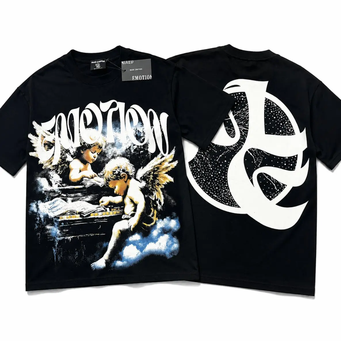 Men's Textured Round Neck Beaded Letter Print T-Shirt - Gothic Angel Graphic, Retro Overall Fabric, Loose Casual Oversized Short Sleeve Vintage Streetwear Sports Top, Menswear