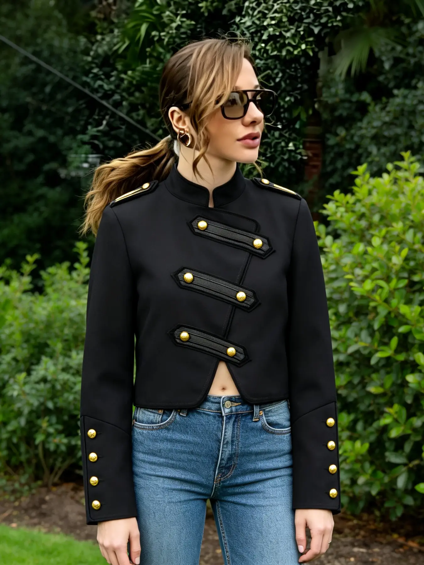 Stand Collar Gold Button Military Jacket Coats, Vintage Court Style, Waist Cinch Slim Fit, Short Top for Petite Women, Spring Fall Daily Wear