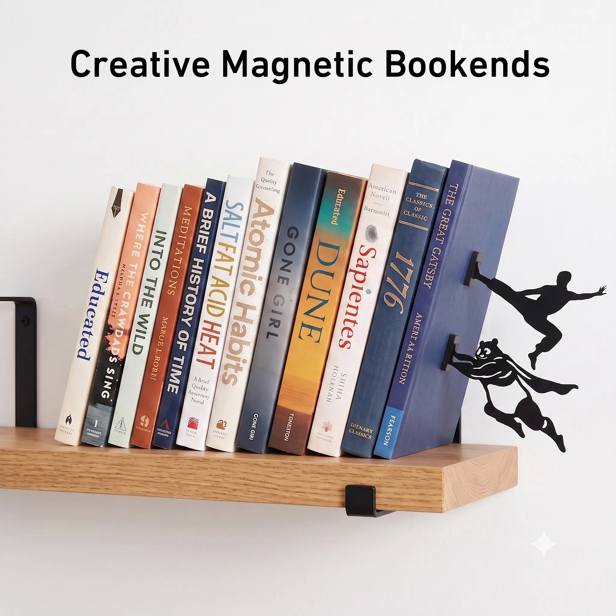 Magnetic Kung Fu Panda Bookends, Creative Book-Pushing Illusion Metal Book Ends Perfect for All Kinds of Books (Textbooks, Novels, Comics), 180° Foldable Adjustable Tilt Stand, Anti-Slip Desk Organizer for Bedroom, Dorm & Office
