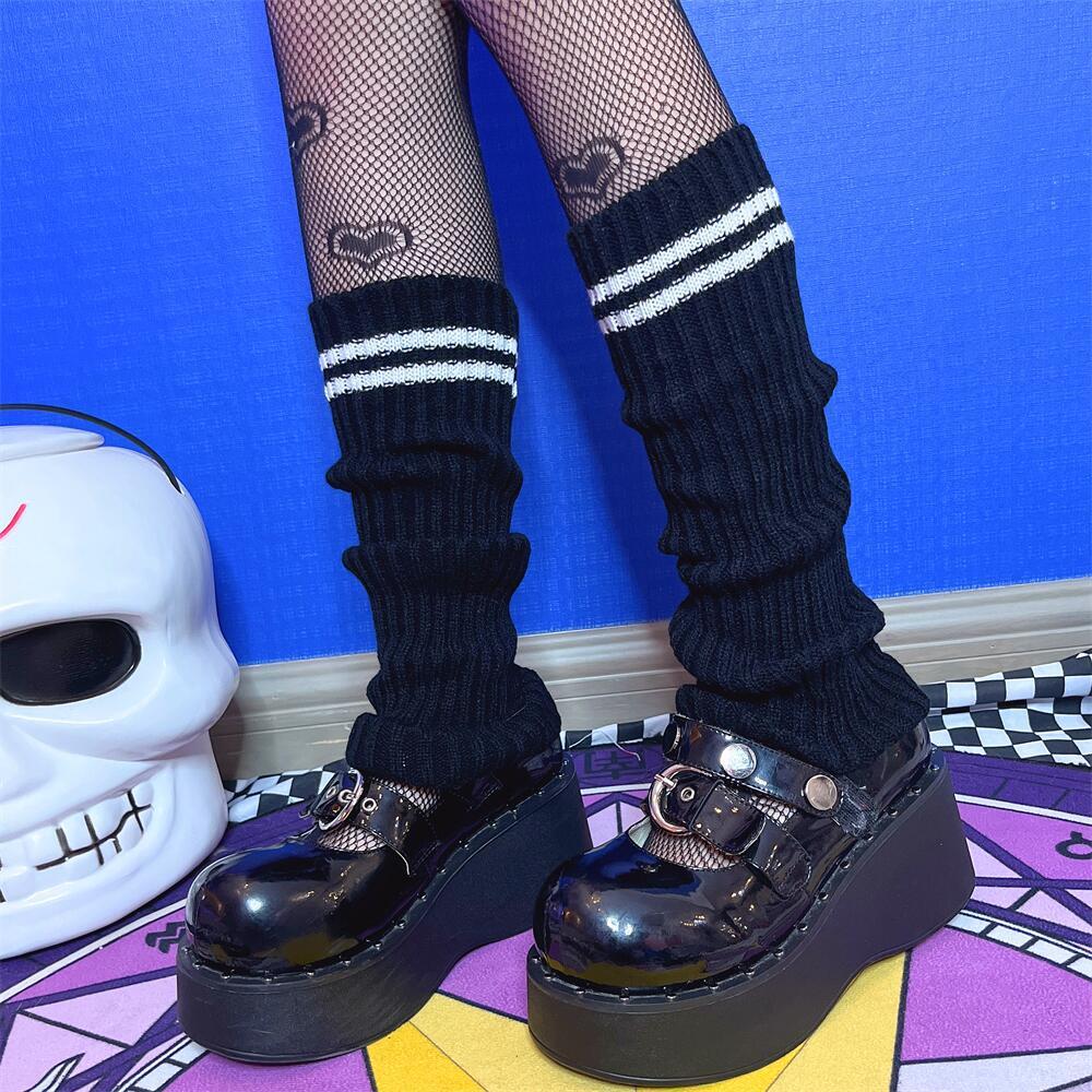 KOSAHIKI Lolita Socks Goth Striped Knit  Girl Leg Warmers Women Japanese  Harajuku Winter Boot Cuffs Legs Cover
