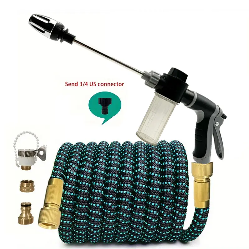 Expandable Magic Garden Hose With Foam Sprayer Long Rod High Pressure Car Wash Gun Kit, 3X Stretch Retractable Flexible Water Hose Complete Brass Connectors & 3/4 US Adapter For Vehicle Washing, Patio Cleaning & Garden Watering