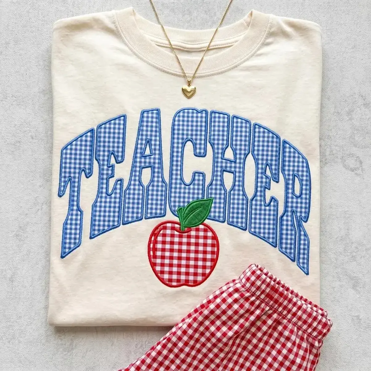 Comfort Colors PRINTED Teacher Applique TShirt, Gingham Teacher T-Shirt, Apple Patch Tee, Back To School Teacher Gift, Preppy Teacher Teesoft