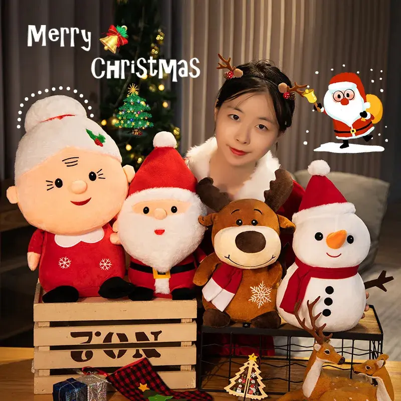 23-50cm Soft Plush Christmas Decor Stuffed Toys - Santa Claus, Snowman, Elk, Granny Figures, 14+ Years Unisex Cushion/Pillow Dolls for Baby Kids Gift, Cute Figures