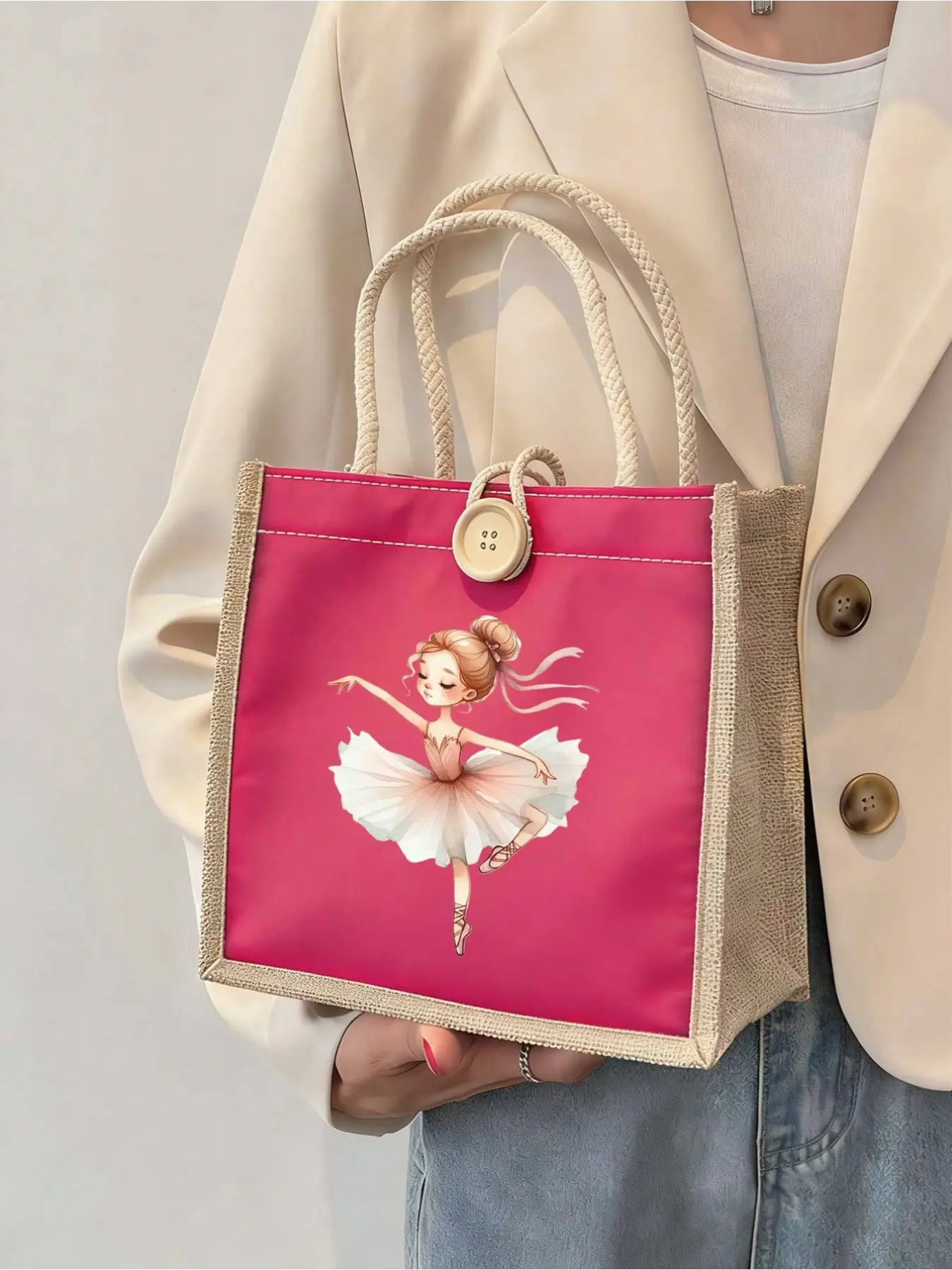 Ballet Pattern Handbag, Women's Linen Shoulder Bag, Multi-Use Storage Bag, Reusable Polyester Backpack, Ideal Gift for Teachers and Dancers