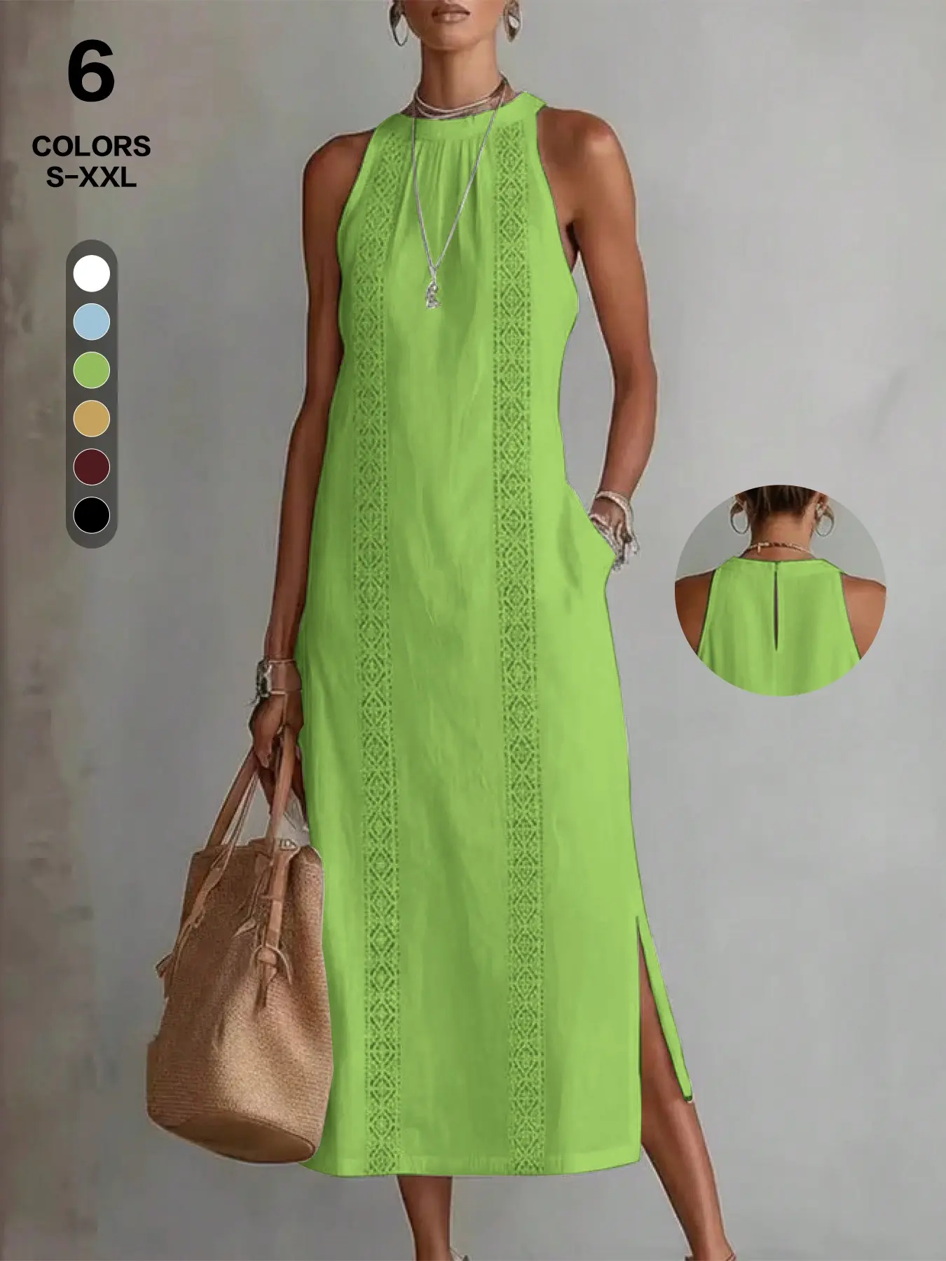 Summer Fashion Faux Linen Maxi Dress | Sleeveless Lace Panel Halter Neck with Side Slit | Breathable Chic Elegant Urban Loungewear for Vacation & Home