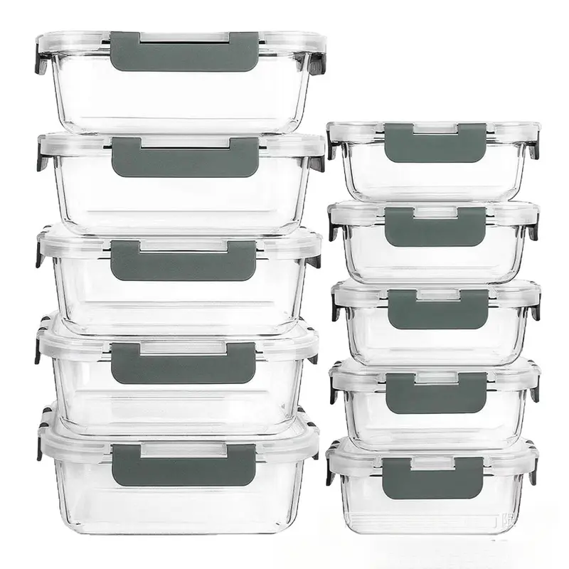 5/10 Glass Food Container Microwave Safe Black Lid Glass Bowl Airtight Lunch Box for Meal Prep Storage