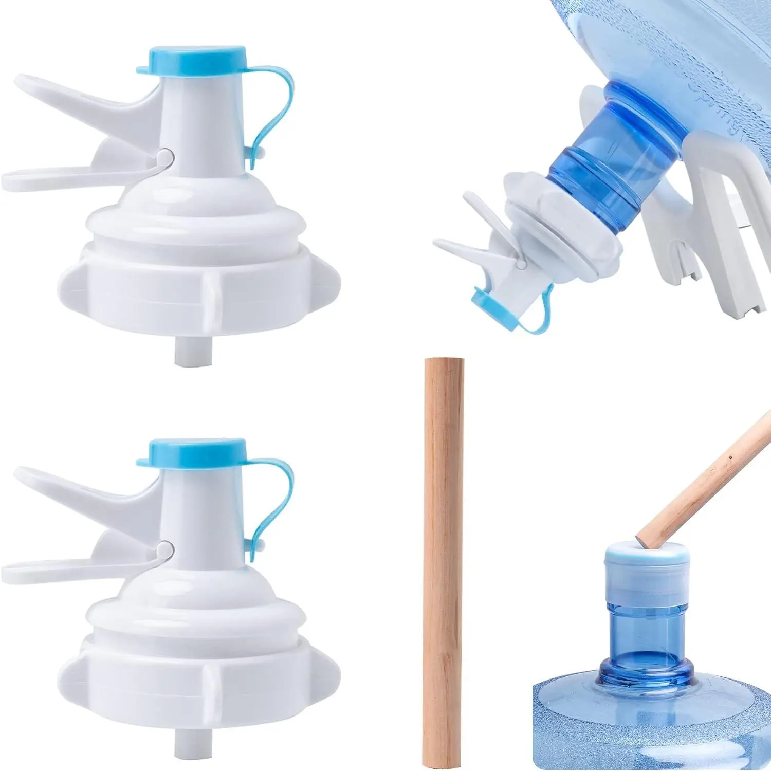 OHOH 2 Pack Water Dispenser Valve, Reusable Plastic Spigot Faucet Jug Spout with Dustproof Cap & Wood Stick for 55mm Non Threaded Crown Top Drinking Water Bottles, Gallon