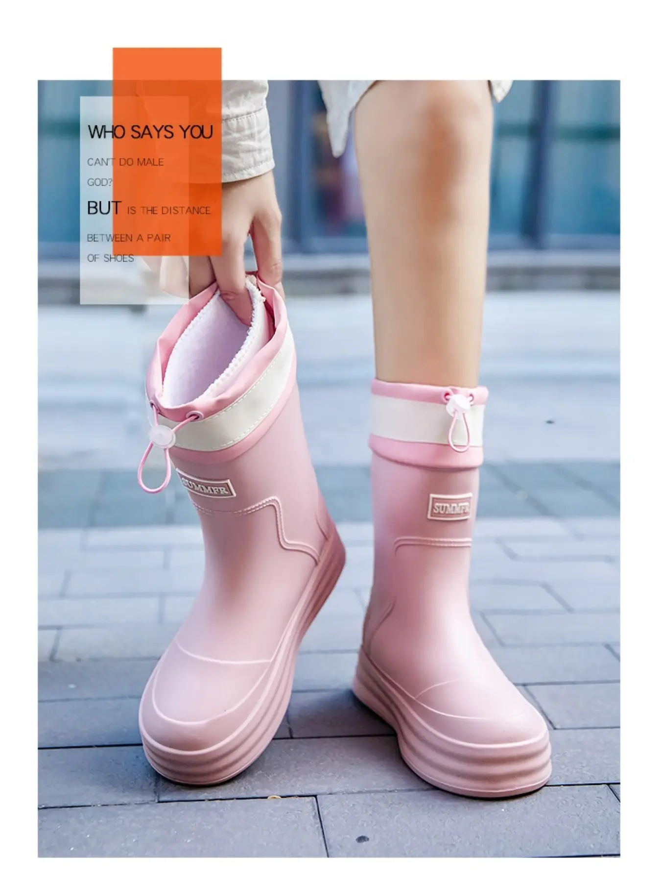 Women's Fleece Lined Mid Calf Rain Boots, Drawstring Cuff Waterproof Platform Rubber Boots, Non-Slip Thick Sole Warm Winter Rain Footwear
