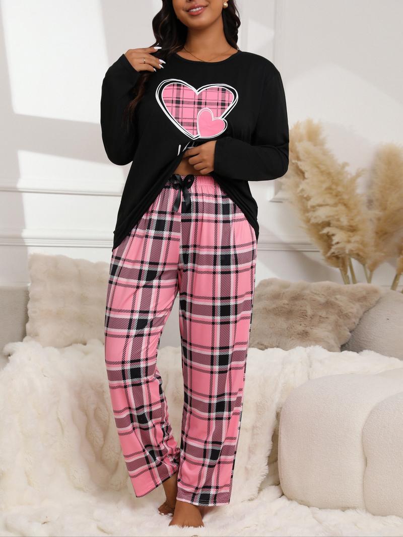 【Plus Size】 Two-piece Set Long Sleeve Heart Print Tee & Plaid Print Bow Decor Pants Pyjama, Casual Comfy Round Neck Top & Trousers Pj Set, Women's Sleepwear for Spring & Fall Pajamas