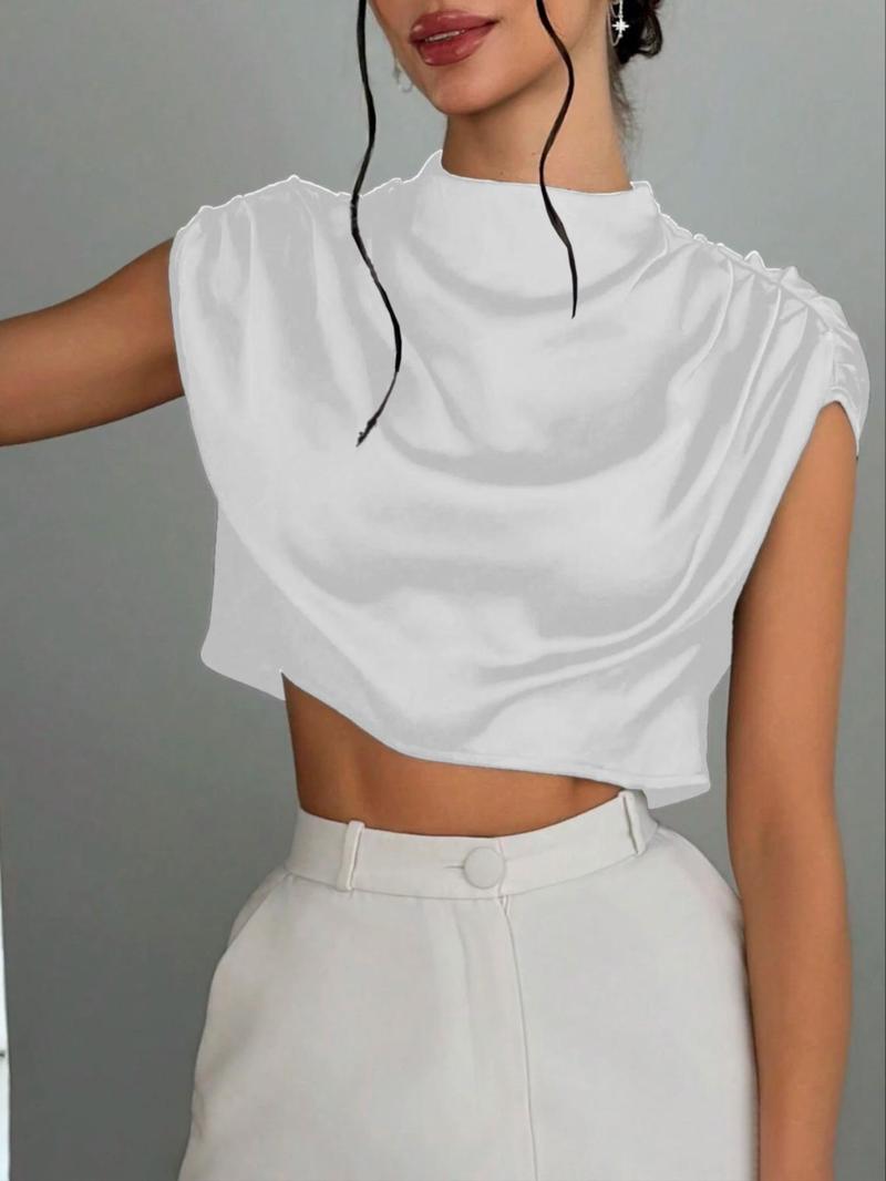 Women's Plain Satin Crop Blouse, Casual Mock Neck Top for Summer, Women's Clothing for Daily Wear