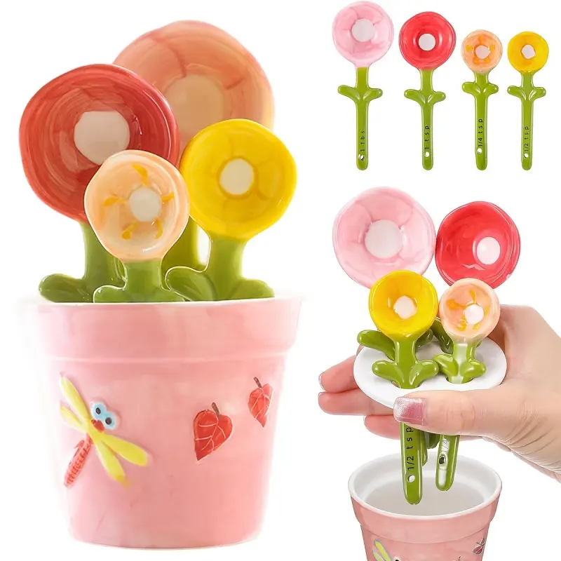 Ceramic Measuring Spoons Set with Stand Flower Shaped for Baking Unique Gift for Bakers Cute Kitchen Utensils