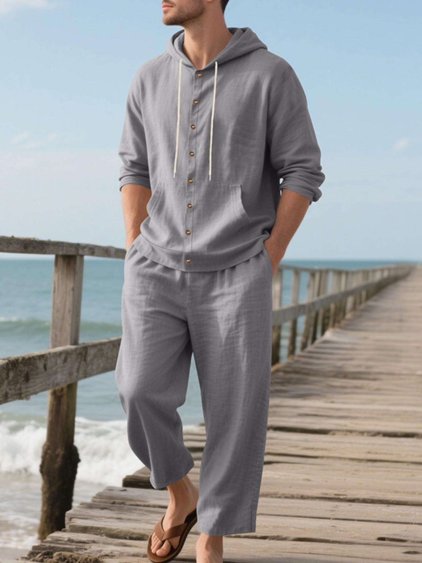 Men's Solid Button Design Long Sleeve Hooded Top & Pants Two-Piece Set, Loose Casual Comfy Breathable Two-piece Outfits for Spring & Fall, Men's Clothes for Daily Wear