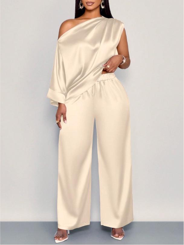 Summer Casual Women's Satin Suit with Asymmetrical Collar, Short-Sleeved Top and Long Pants Set