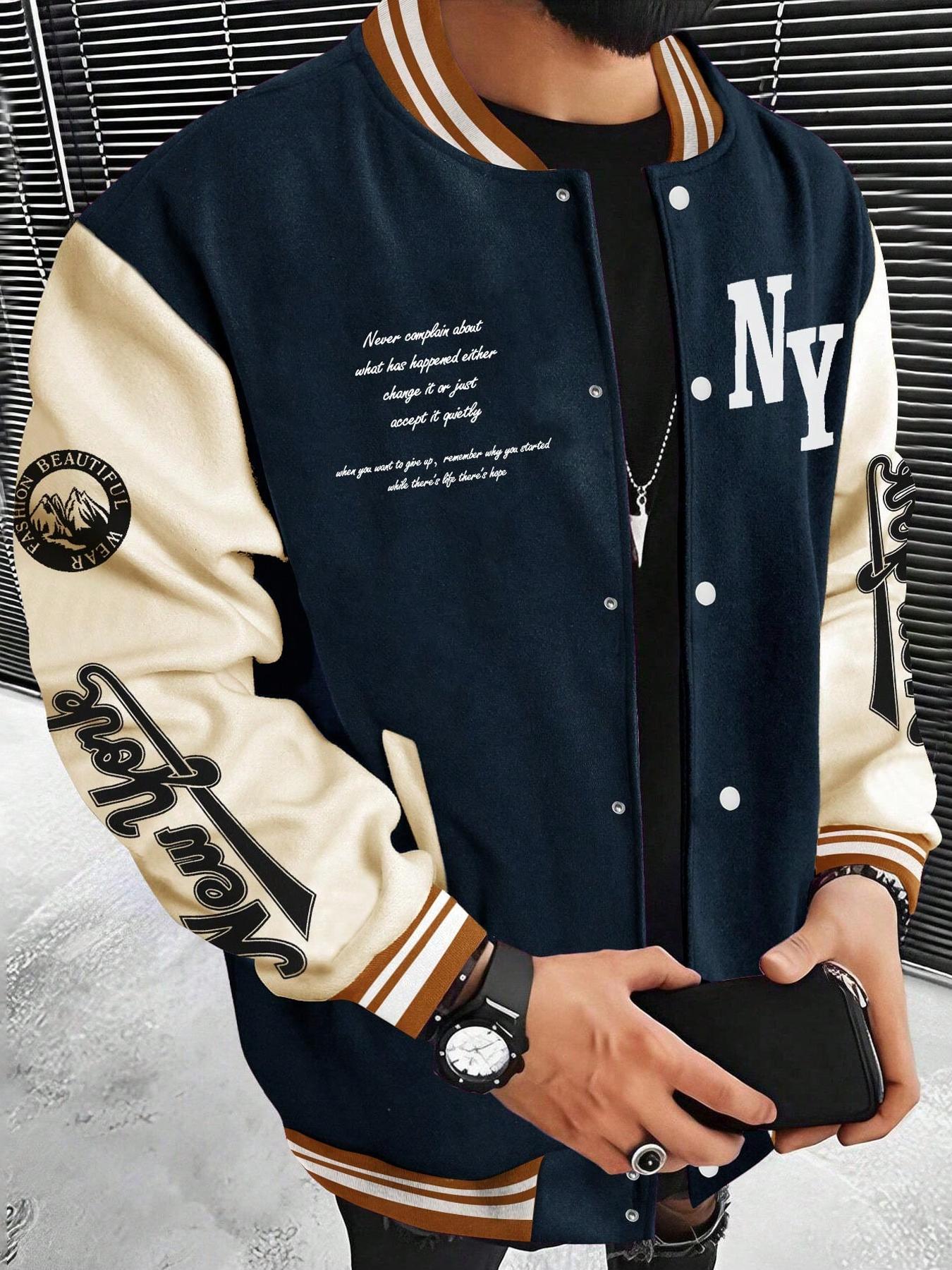 Men's Colorblock & Letter Print Button Front Pocket Varsity Jacket, Regular Fit Casual Drop Shoulder Mock Neck Outerwear for Fall & Winter, Men's Clothes for Daily Wear, Casual Athletic Jacket