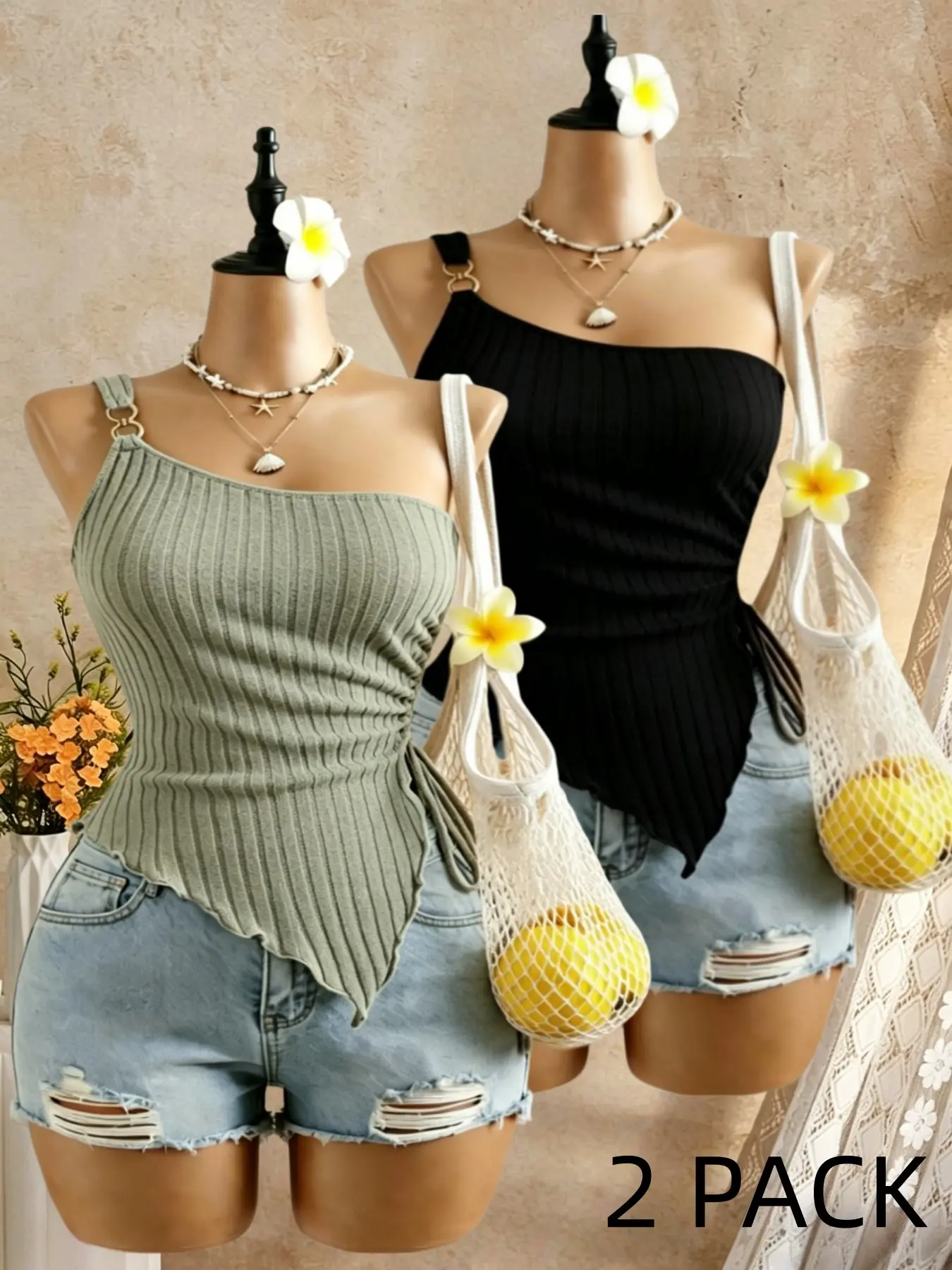 Plus Size Women's Asymmetrical Hem Sleeveless Tank Top, Iron Button Drawstring Vest Set of Two, Casual Plain Clothing