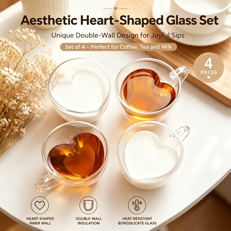 4 Pack Double Wall Heart Inner Borosilicate Glass Mugs Heat Resistant Clear Heart Shaped Coffee Tea Milk Cups For Home Kitchen Daily Drinks