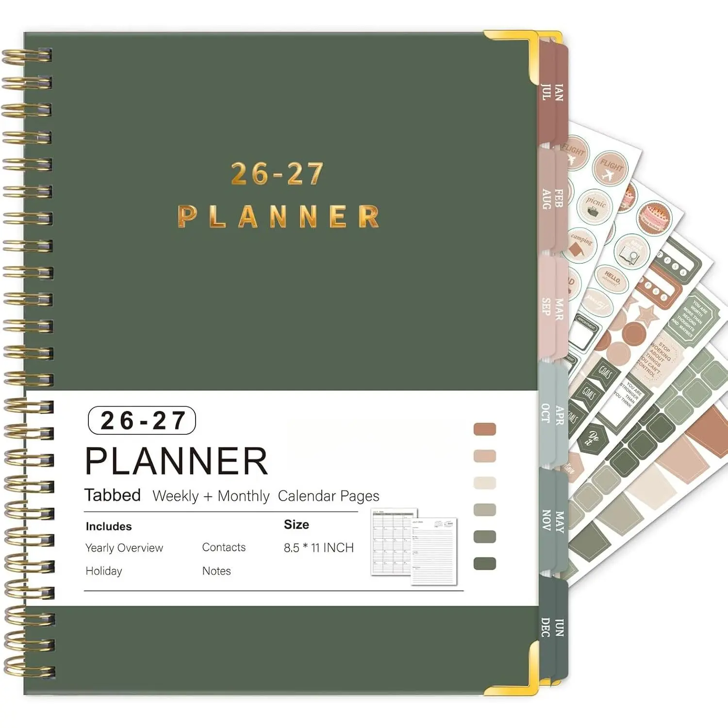 Large 2026-2027 Academic Planner - Hardcover Daily Planner from Jul. 2026-Jun. 2027 - A4 Weekly & Monthly Calendar Agenda Organizer Book with Stickers,  Pocket, Coated Tabs - 8.5"x 11", Dark Green
