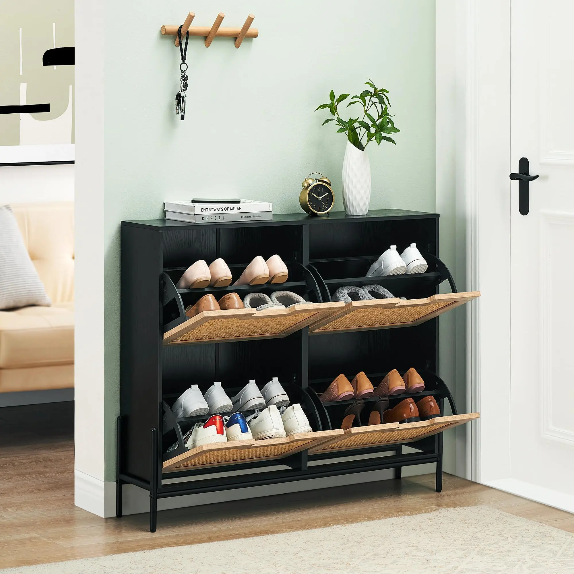 Rattan Slim Shoe Cabinet  4 Flip Drawers and 2 Top Drawers – 4 Doors, Adjustable Shelves, Anti-Tip Kit, Holds 20 Pairs – Modern Hallway Storage Furniture