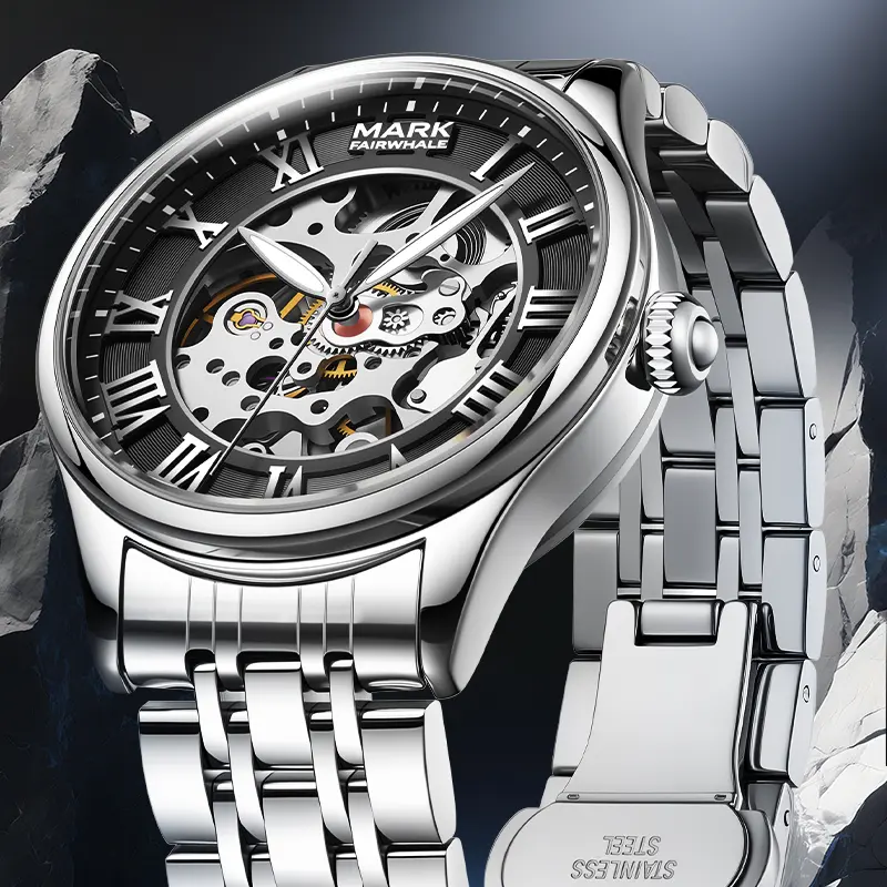 MARK FAIRWHALE Business Men's Wristwatch Automatic Mechanical Movement Streel Strap Exhibition Caseback Skeleton 6054 Watch for man