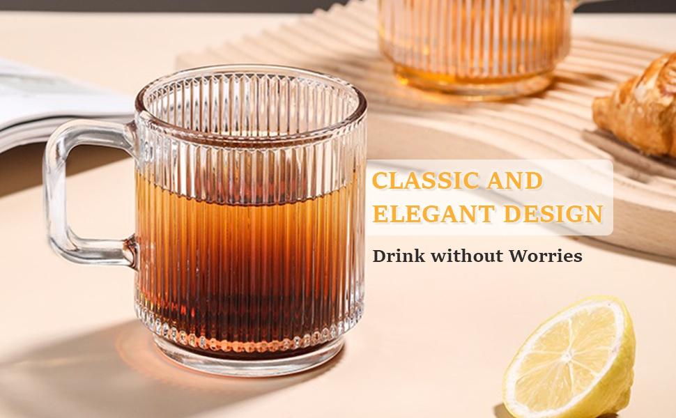 6 PACK Premium Glass Coffee Mugs with Handle, 12 OZ Classic Vertical Stripes Glass Coffee Cups, Transparent Tea Cup for Hot/Cold Beverages, Glassware Set for Americano, Latte, Cappuccino