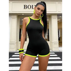 New Women'S Stretchy And Comfortable Color-Blocked for And, Perfect for a Retro And Vibrant Summer Party Outfit Featuring a Sleeveless Round-Neck Tank Top And a Romper