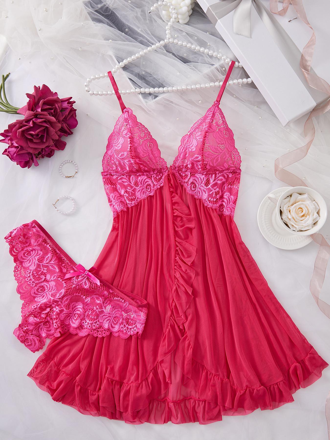 Ladies' Sexy Ruffle Trim Cami Nightdress & Bow Decor Panty Set, Comfortable Playful Floral Lace Sheer Sleepwear Set, Glamour Lingerie Set