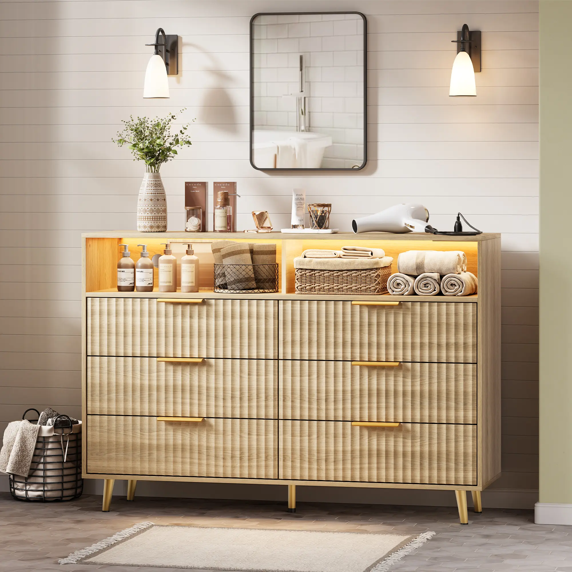 6-Drawer Modern Fluted Wood Dresser - Single Unit with LED Lights, Built-In Charging Station, Gold Handles, Rectangular Wide Base Storage Cabinet (Available in Black & Green)