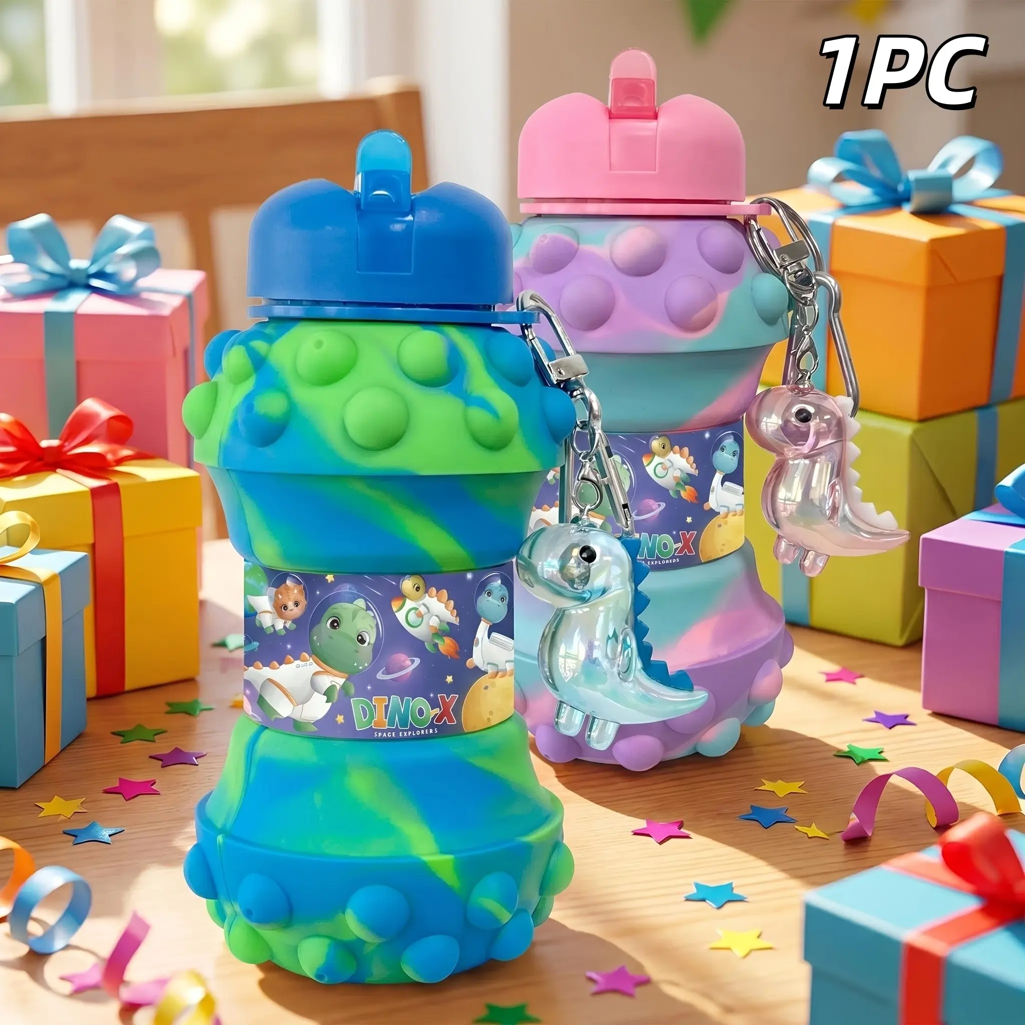 550ML Foldable Silicone Water Cup, Dinosaur Cartoon Rainbow Straw Cup, Portable Leak-Proof Travel Mug, Perfect Gift for All Seasons