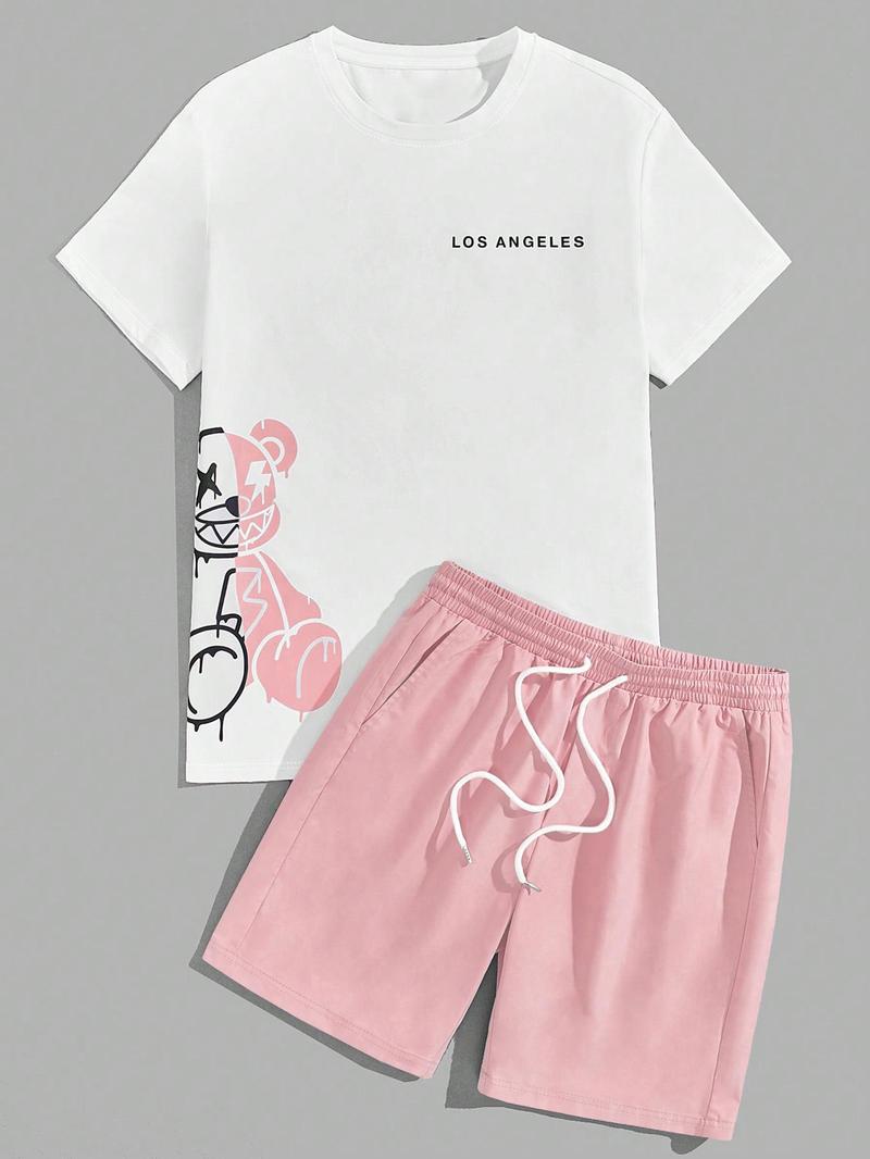 Two-Piece Set Men's Cartoon Bear & Letter Print Short Sleeve Tee & Shorts Set, Regular Fit Casual Round Neck T-shirt & Track Shorts, Summer Clothes Set for Men
