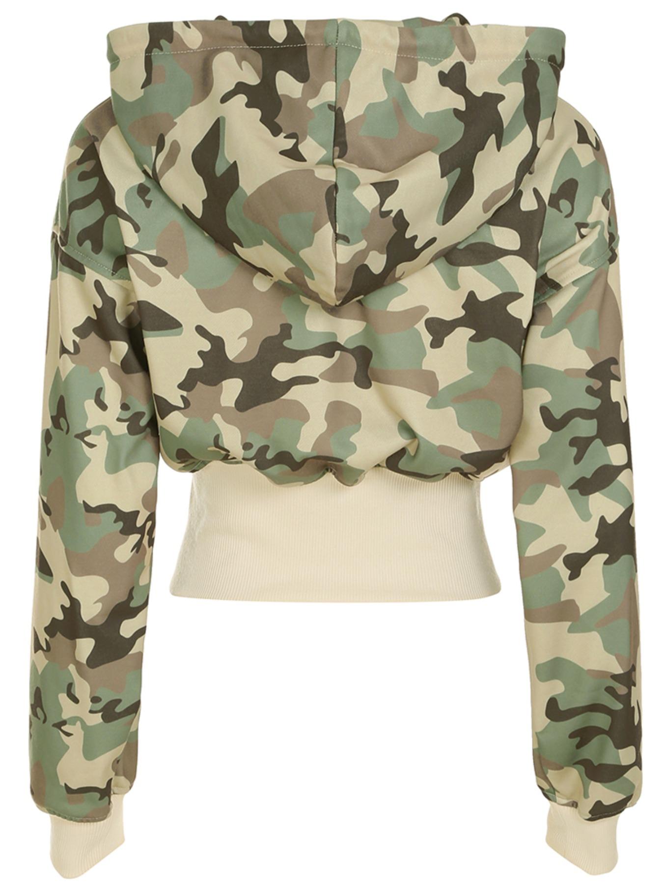 Women's Camouflage Print Zip Up Hoodie Jacket, Casual Long Sleeve Hooded Sweatshirt for Spring & Fall, Ladies Womenswear Clothes for Daily Wear