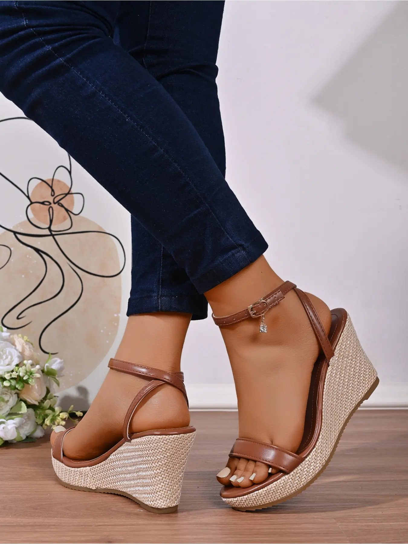 Boho Elegant Stylish Classy Minimalist Faux Leather Wedge High Heels - Women's Dainty Charm Ankle Strap Platform Sandals Footwear