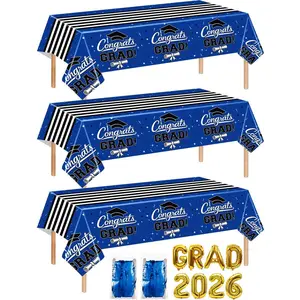 7-Pack Graduation Party Decorations Set, 3 Blue Graduation Tablecloths 54x108in, 2026 and Grad Balloons, 2 Foil Fringe Curtains for High School College Graduation Party Photo Booth