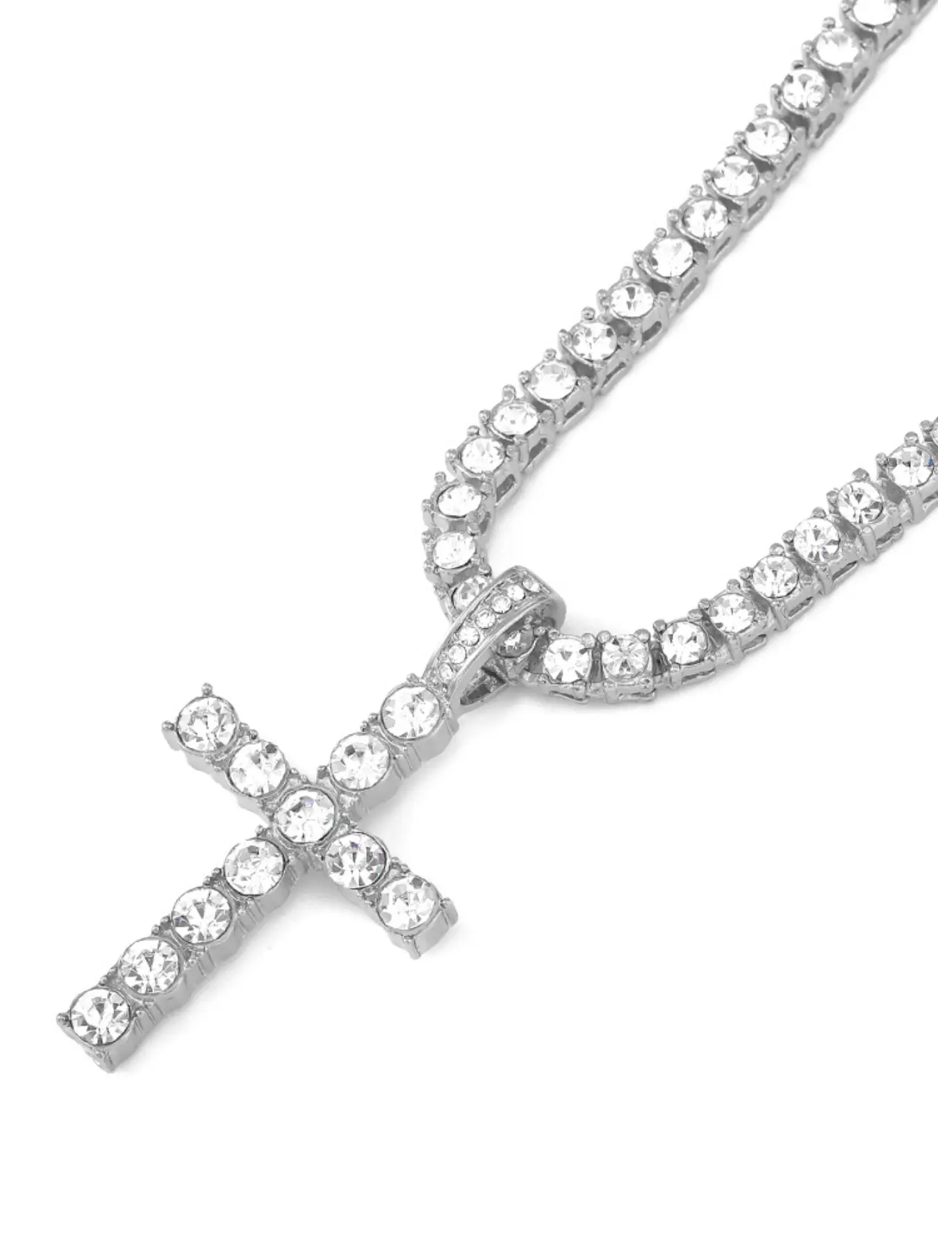 Hip-hop cross diamond-studded pendant personalized necklace full diamond men's pendant jewelry, silver-plated solid cubic zirconia stainless steel pendant chain