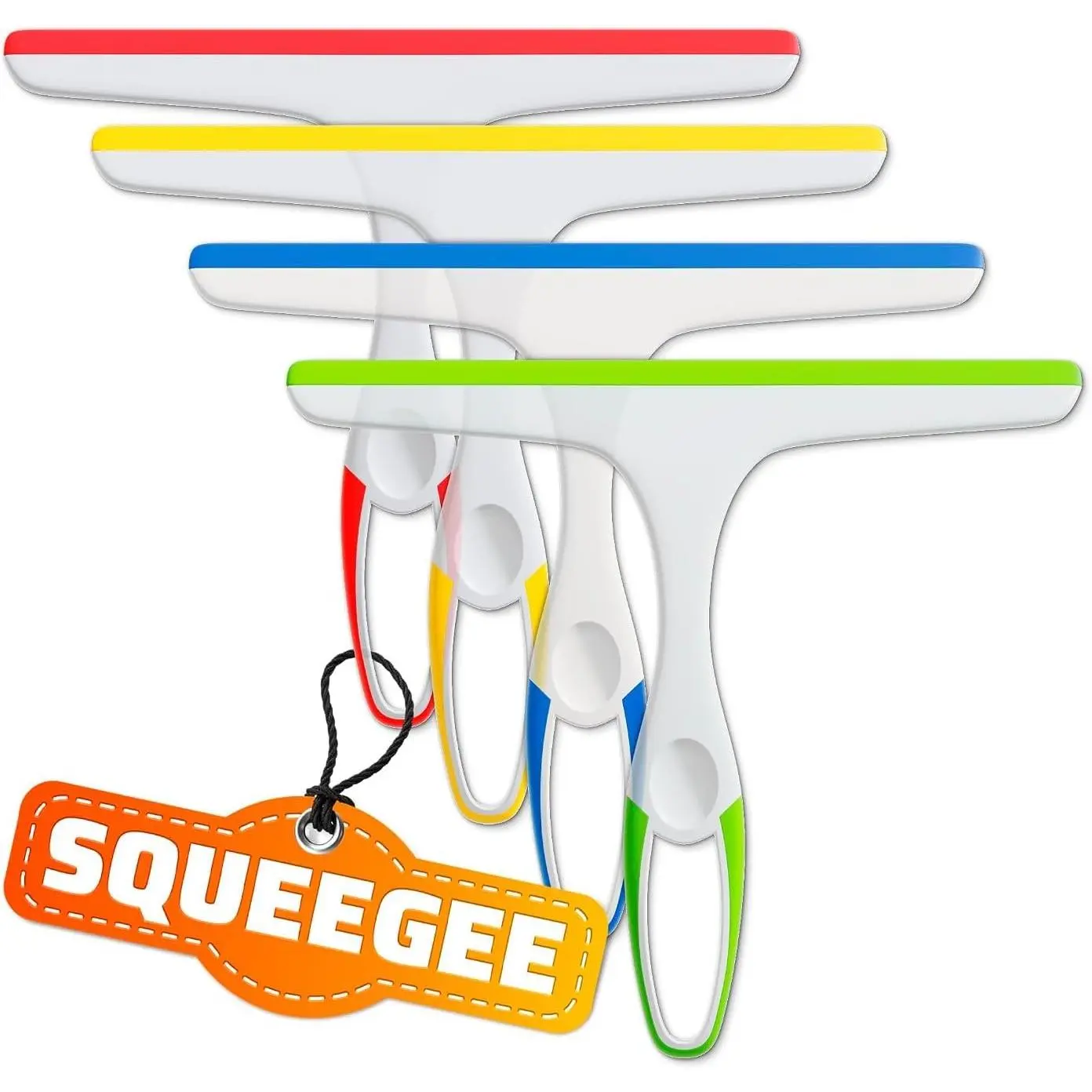 4-Count Handheld Squeegees for Shower Glass, 9.45 in, Comfortable Durable Plastic Grip, Hook Included, Streak-Free Wipe for Kitchen, Mirror & Tile Surfaces, Compatible with Soap Application