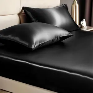 Satin Queen Fitted Sheet & Pillowcase Set - 3-Piece Luxury Soft Silk-Like with 1 Deep Pocket Fitted Sheet (Fits 15" Mattress) & 2 Pillowcases, Elastic Corner Straps (Black)