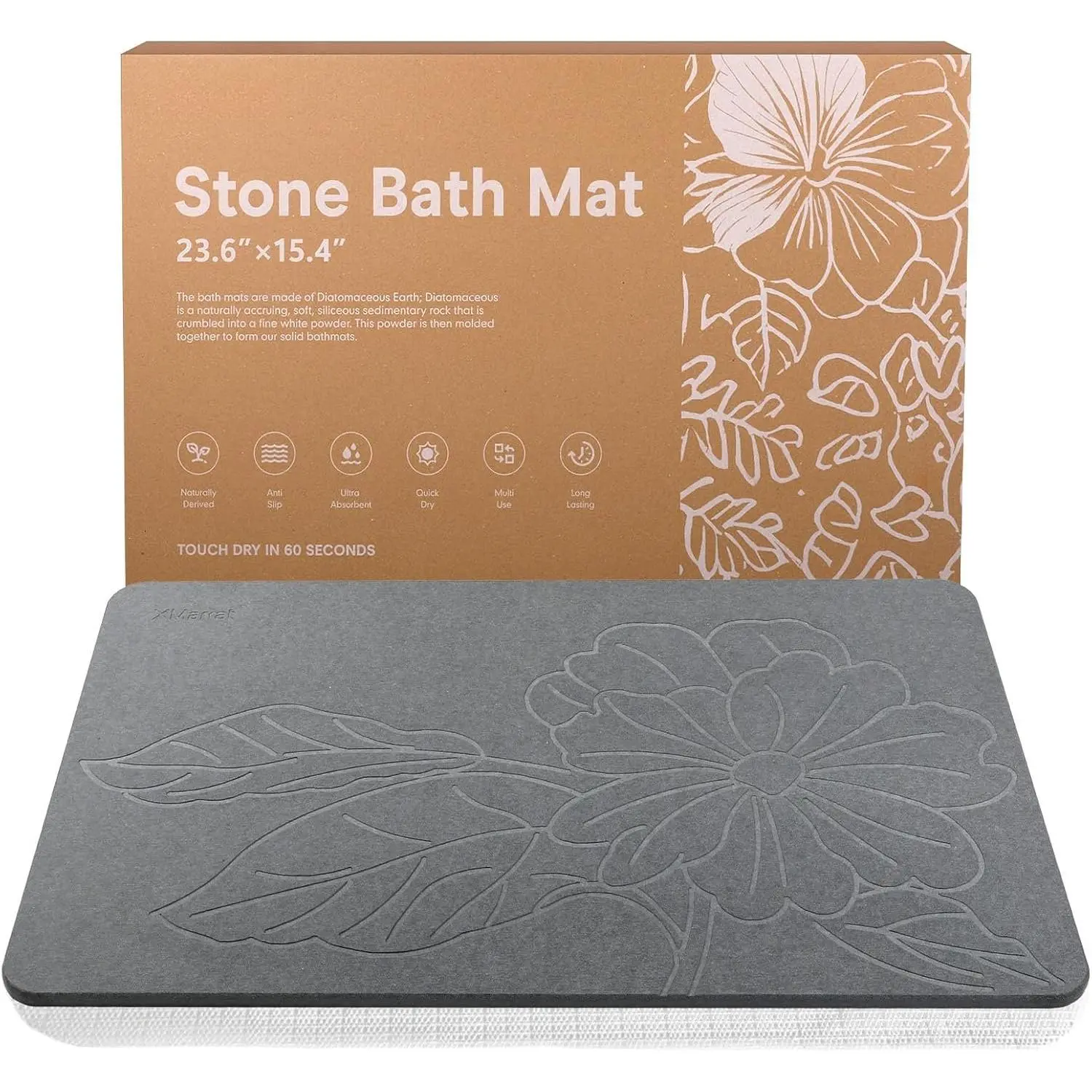 Diatomaceous Earth Stone Bath Mat for Bathroom, 23.6" x15.4'' | Super Absorbent,  -Drying Diatomite Bathmats, Non-Slip Base, Easy Clean for Shower Floor & Bathroom (Dark Gray)