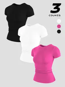 3pcs Women's Sporty Tight-Fit Short Sleeve Tops, Soft Seamless Yoga Gym Shirts, Comfortable Activewear for All Seasons, Fashion Fitness Clothing Set