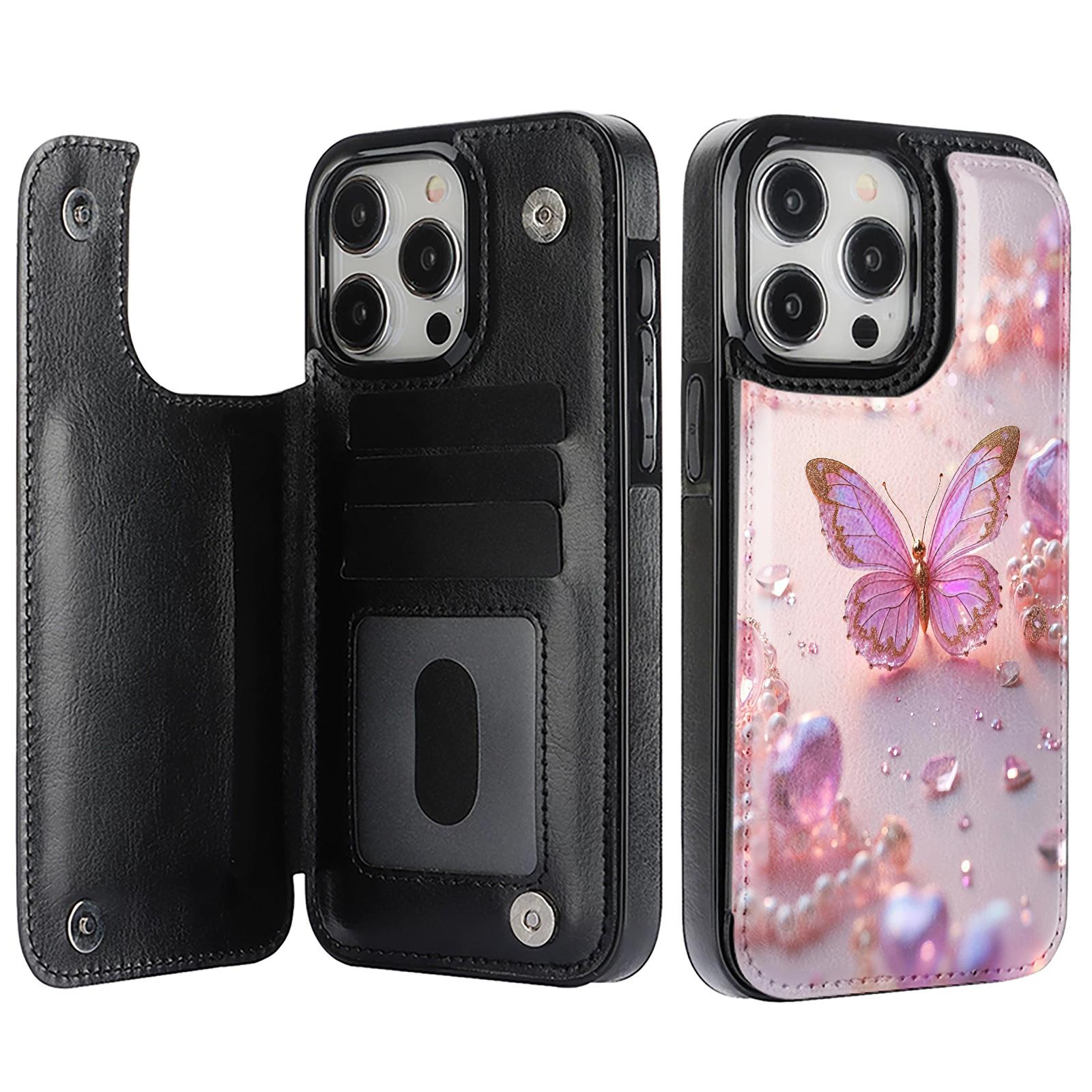Beautiful Pink Butterfly Jewelry Design Pattern Leather Card Holder Phone Case,for iPhone 17 16 15 14 13 12 11 Pro ProMax Plus  Air series , Samsung Galaxy S25 ULTRA FE Plus S22 S23 FE S24 Plus,Pumpkin,Drink,Note11Pro