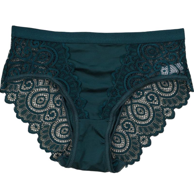 Lace underwear women's mid waist sexy European and American size patchwork see through lace triangle pants