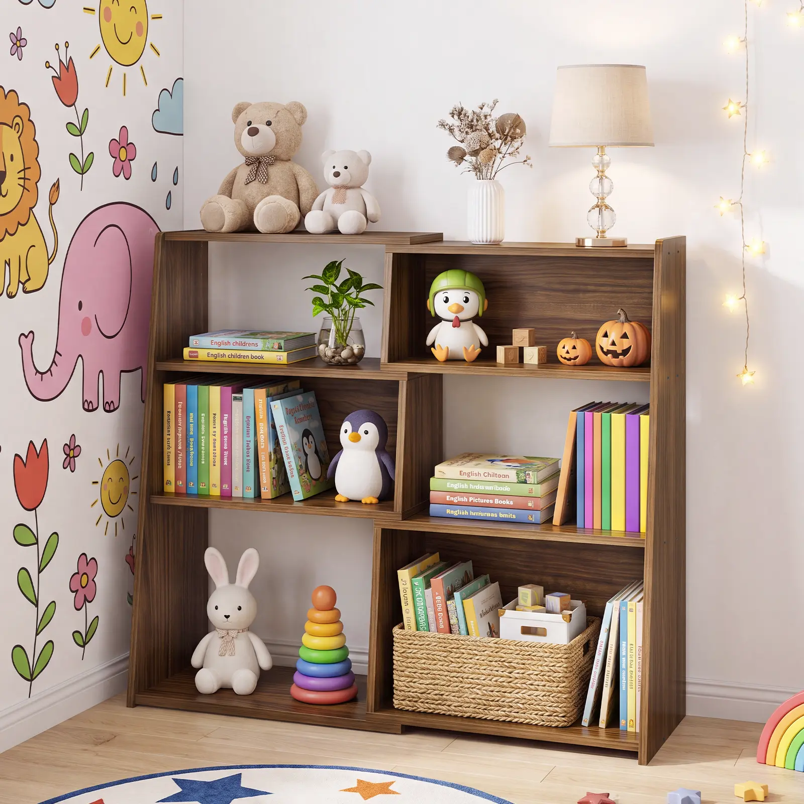 Nokaa Wooden Extendable Bookshelf 3-in-1 Convertible Bookcase for Small Space 3-Tier Ladder Shelf with 6 Open Cubby Storage Display Unit for Living Room Study Bedroom Walnut MDF, Walnut Color, MDF Material, Casual Style