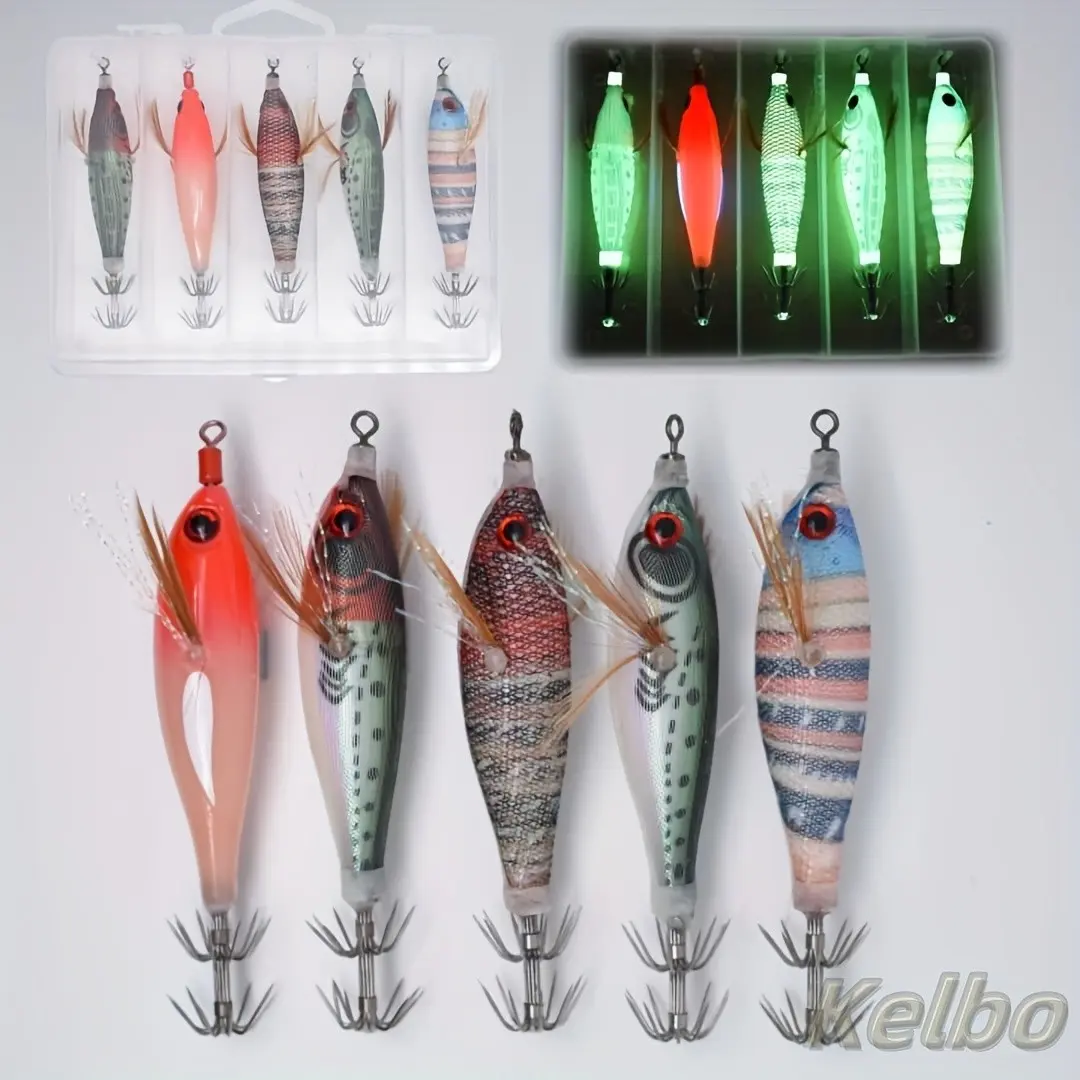 Fishing Wood Shrimp Luminous Squid Octopus Lure 5pcs, 3D Eyes Fishing Lure, Hard Bait Wobbler Squid Jig Lure with Box