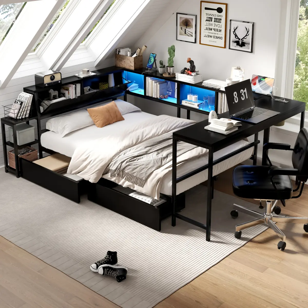 Full Storage Bed with Desk, Full Size Corner Bed Frame with Storage Bookcase & 2 Drawers, Modern Metal Full Daybed with LED Lights & Charging Station, Reversible Full Corner Bed with Desk for Space-Saving, Black