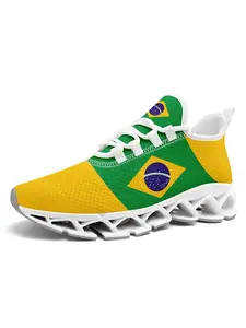 Men's Shoes Brazil National Flag Color Block Chunky Sneakers, Breathable Lace-Up Wide Fit Casual Shoes For Soccer Fans, Plus Size Available