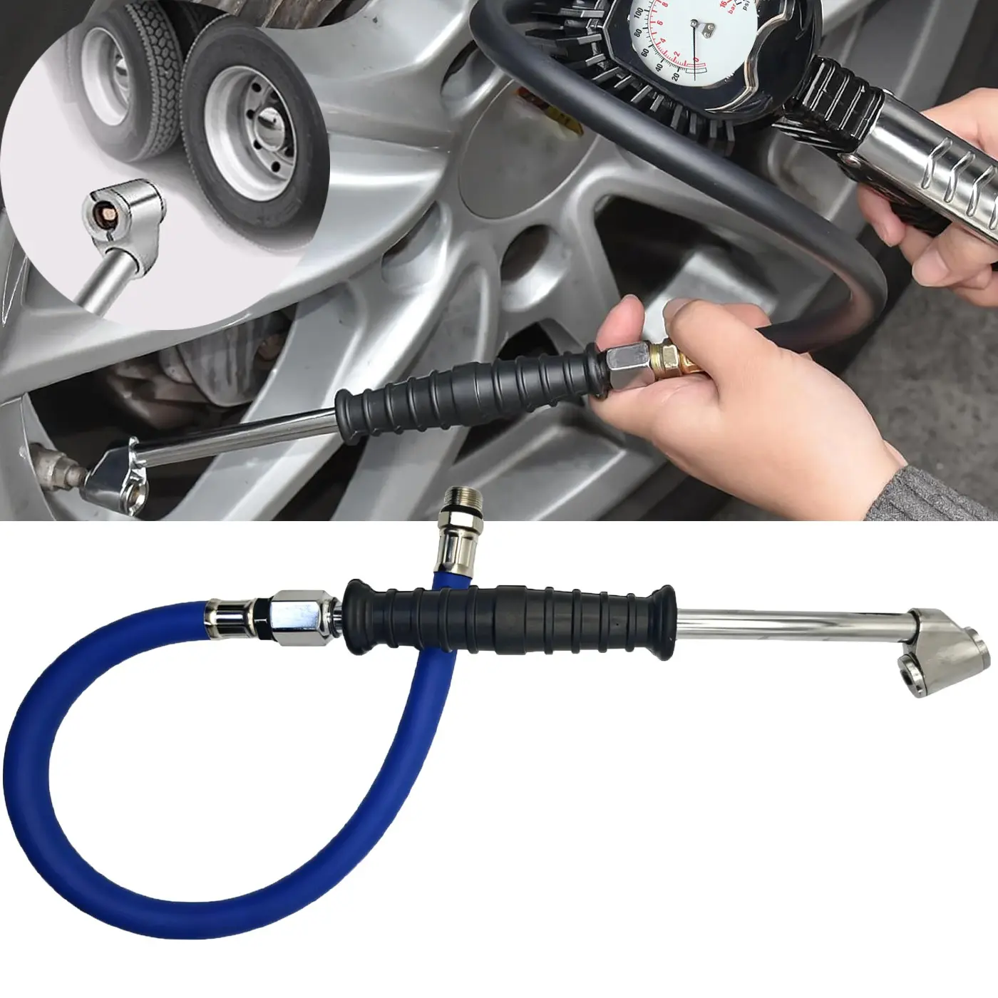 Dual-Head Inflator Nozzle, Quick Charge Pump Adapter with Rubber Hose, 1/4 Inch Interface, Car Tire Valve Connector