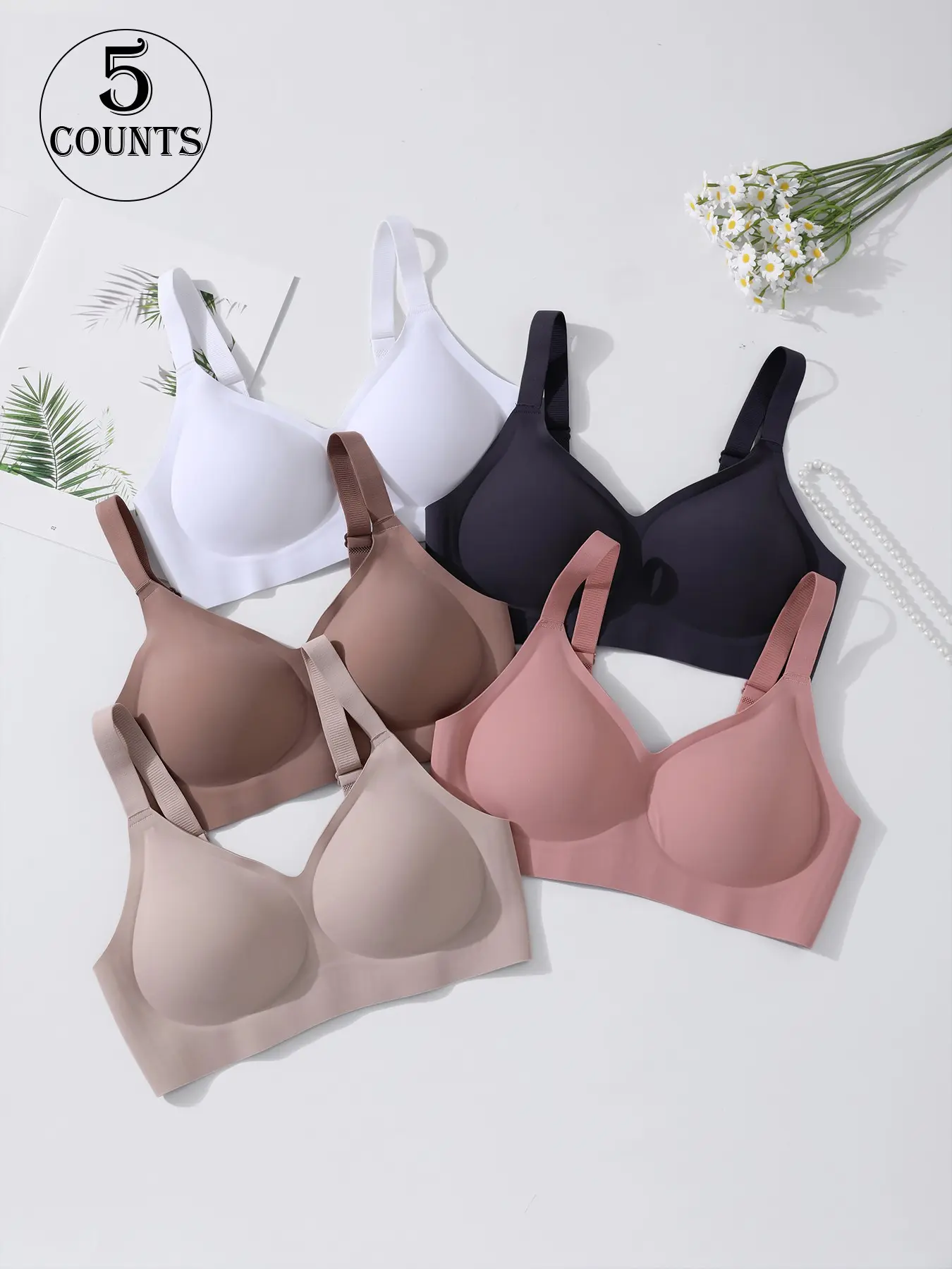 5 Pack/12 colors High-quality seamless jelly sexy lingerie bra 4 rows 3 hooks XS-XL size push-up lifting adjustable sports tank top Daily casual/Party/Yoga comfortable breathable skin-friendly women's wireless bra