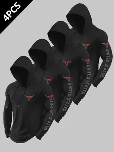 Men's Summer Bull Logo Letter Print Hooded Sport Long Sleeve, Windproof and Stylish, Breathable and Comfortable, Ideal for Gym, Running, Daily Wear, Athletic Hoodie
