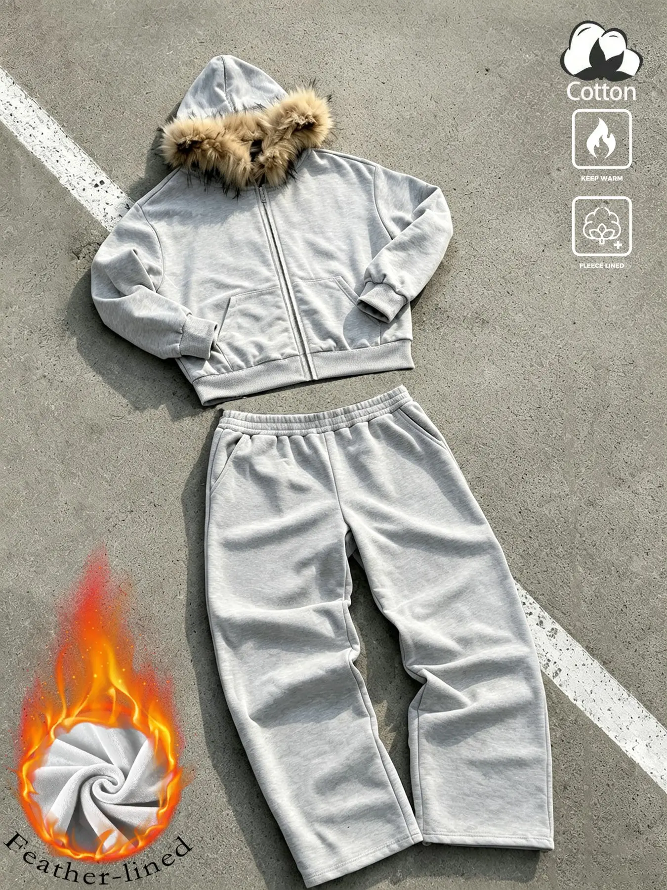 Men’s and women’s winter coats with fleece lining, two-piece sets featuring a street-style American fur collar, cotton-blend fleece-lined, warm, hooded, zippered, solid-colored outfit, plus fleece-lined, thick, relaxed, straight-leg casual pants. Suitable
